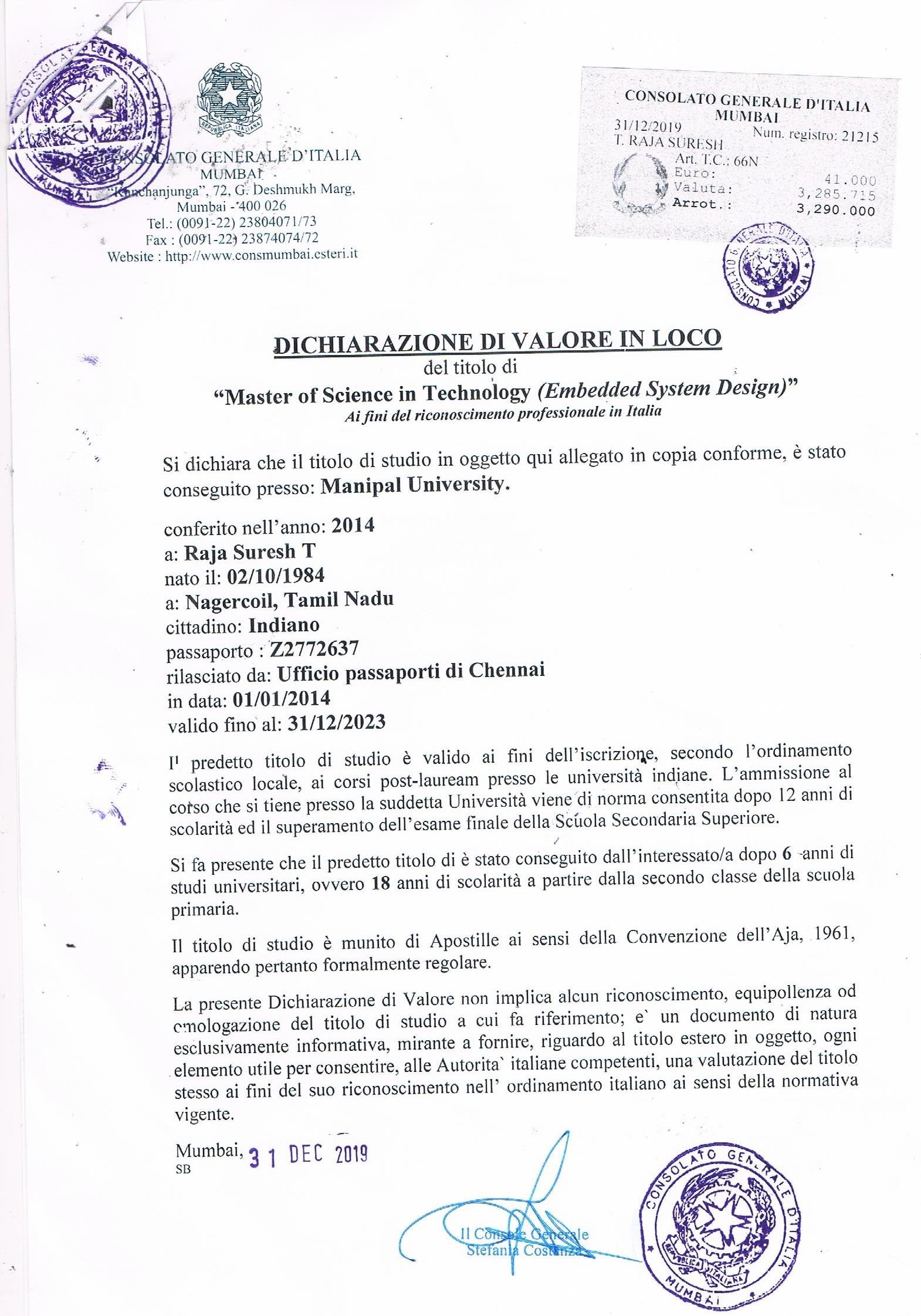 Declaration of Value (DOV) Italy