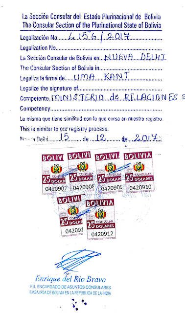 Bolivia Embassy/Consulate Attestation