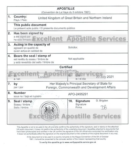 UK issued certificate Apostille sample